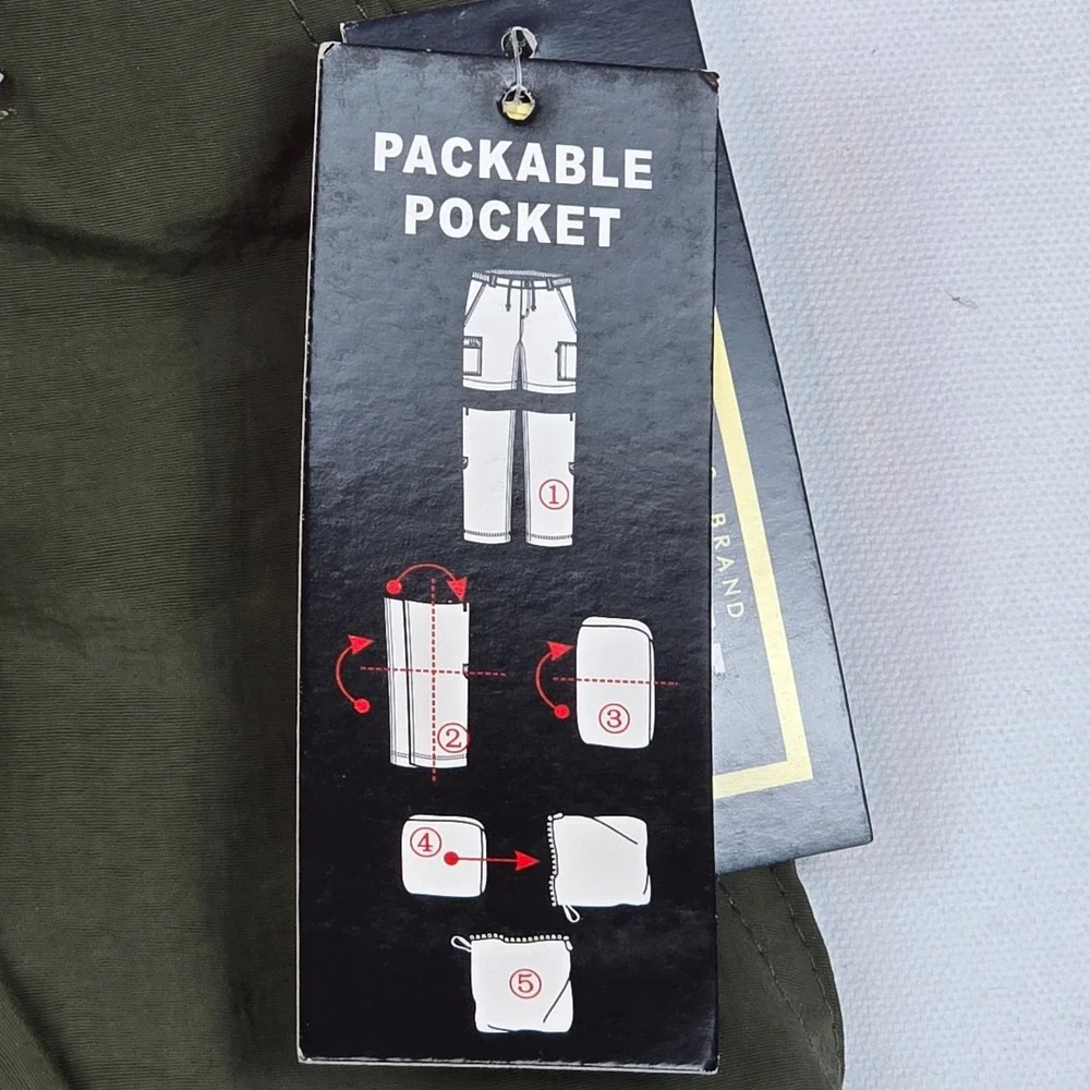 Mens Olive Green Convertible Zip Off Cargo Hiking Pants Packable Pocket NEW